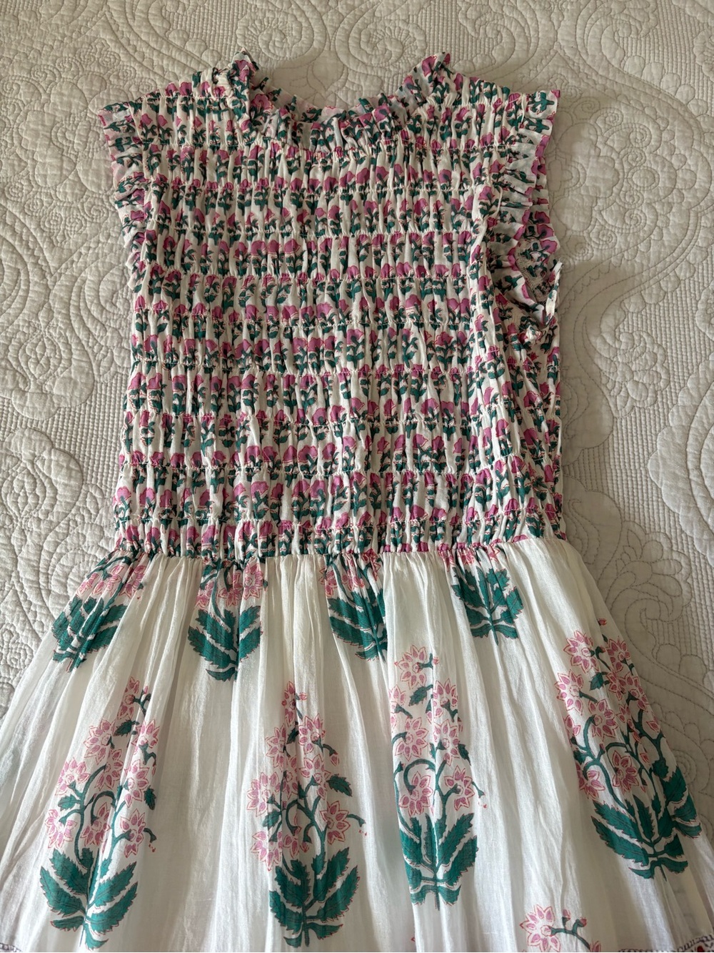 OLIPHANT Hand Block Printed Sleeveless Smocked Maxi Dress Pink Green Small